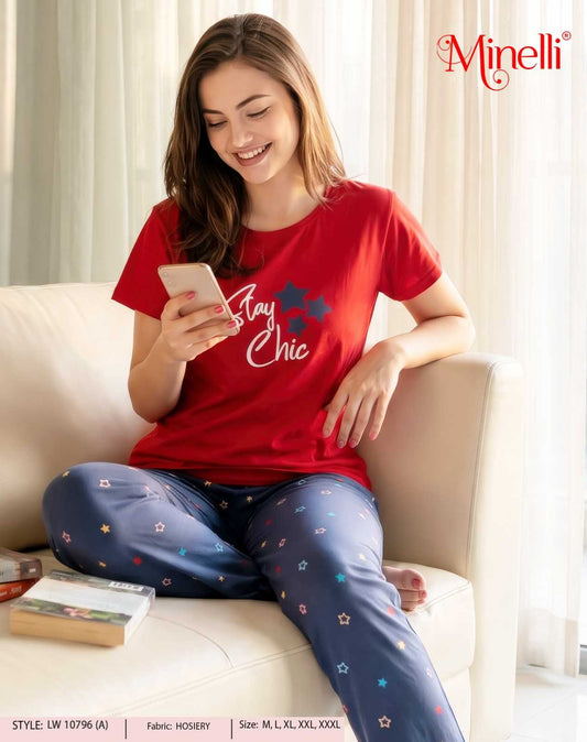 Red & Rock Blue Colored Printed Nightsuit