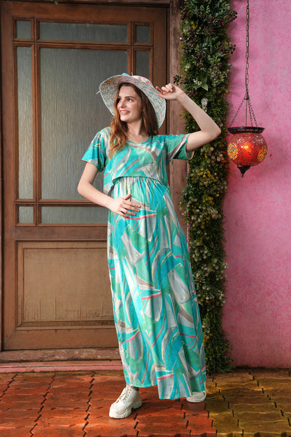 Womens Printed Maternity Long Gown - Sea Green