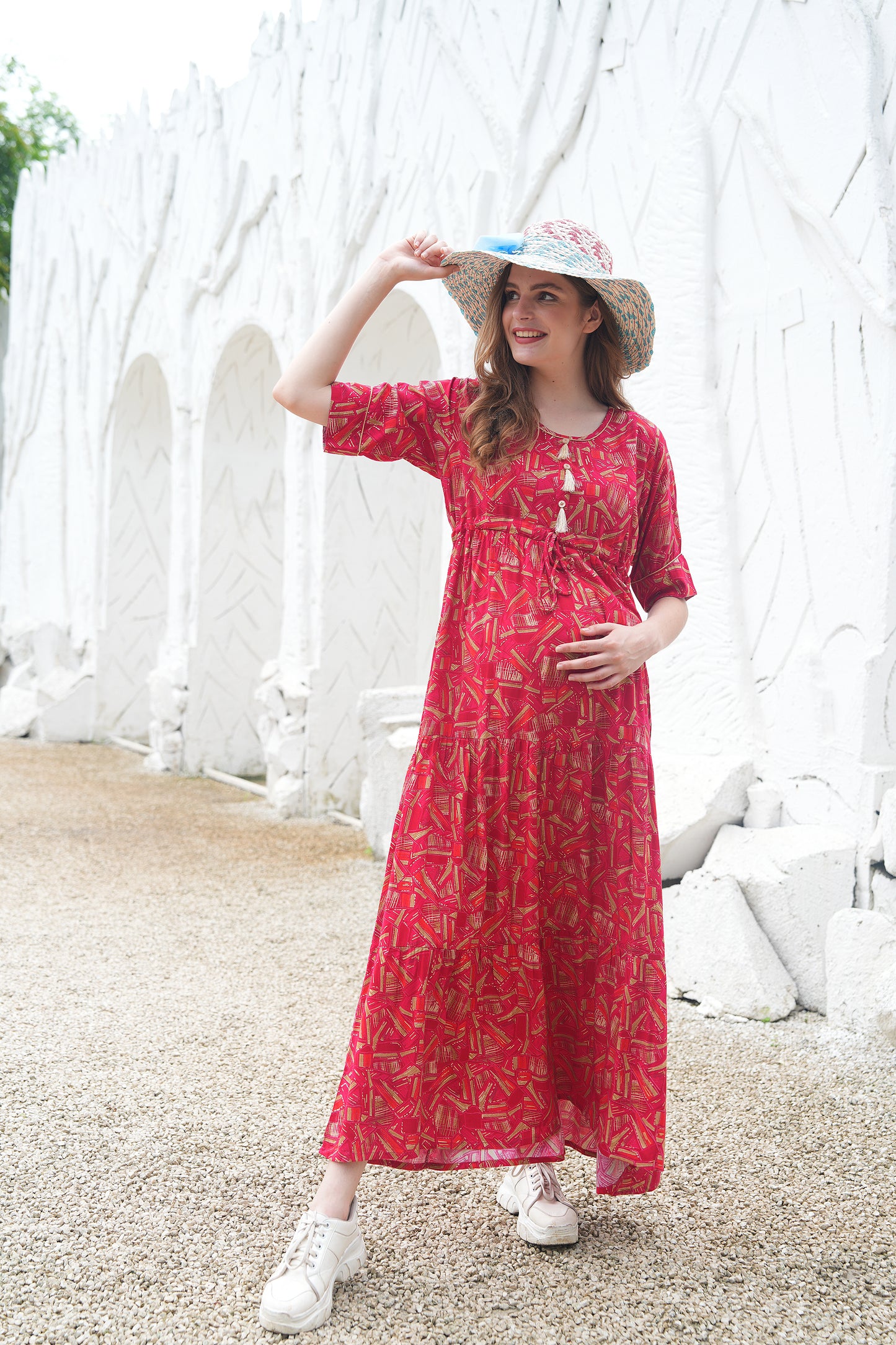 Womens Printed Maternity Long Gown - Red