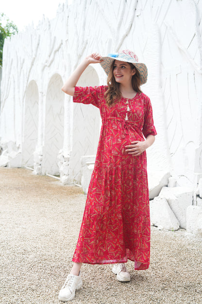 Womens Printed Maternity Long Gown - Red