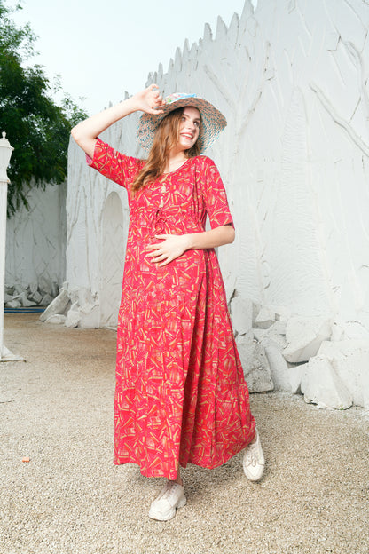 Womens Printed Maternity Long Gown - Red