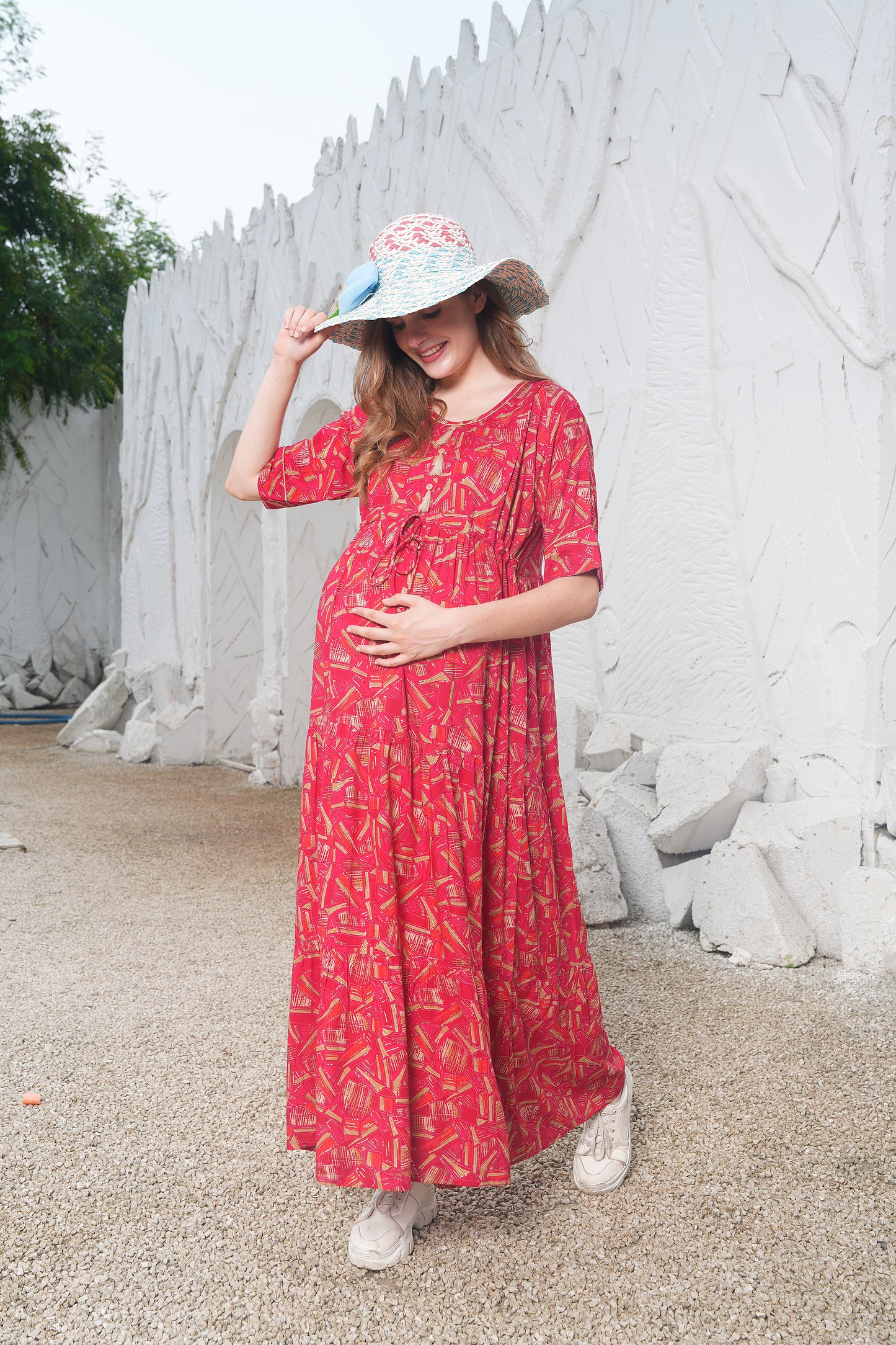 Womens Printed Maternity Long Gown - Red