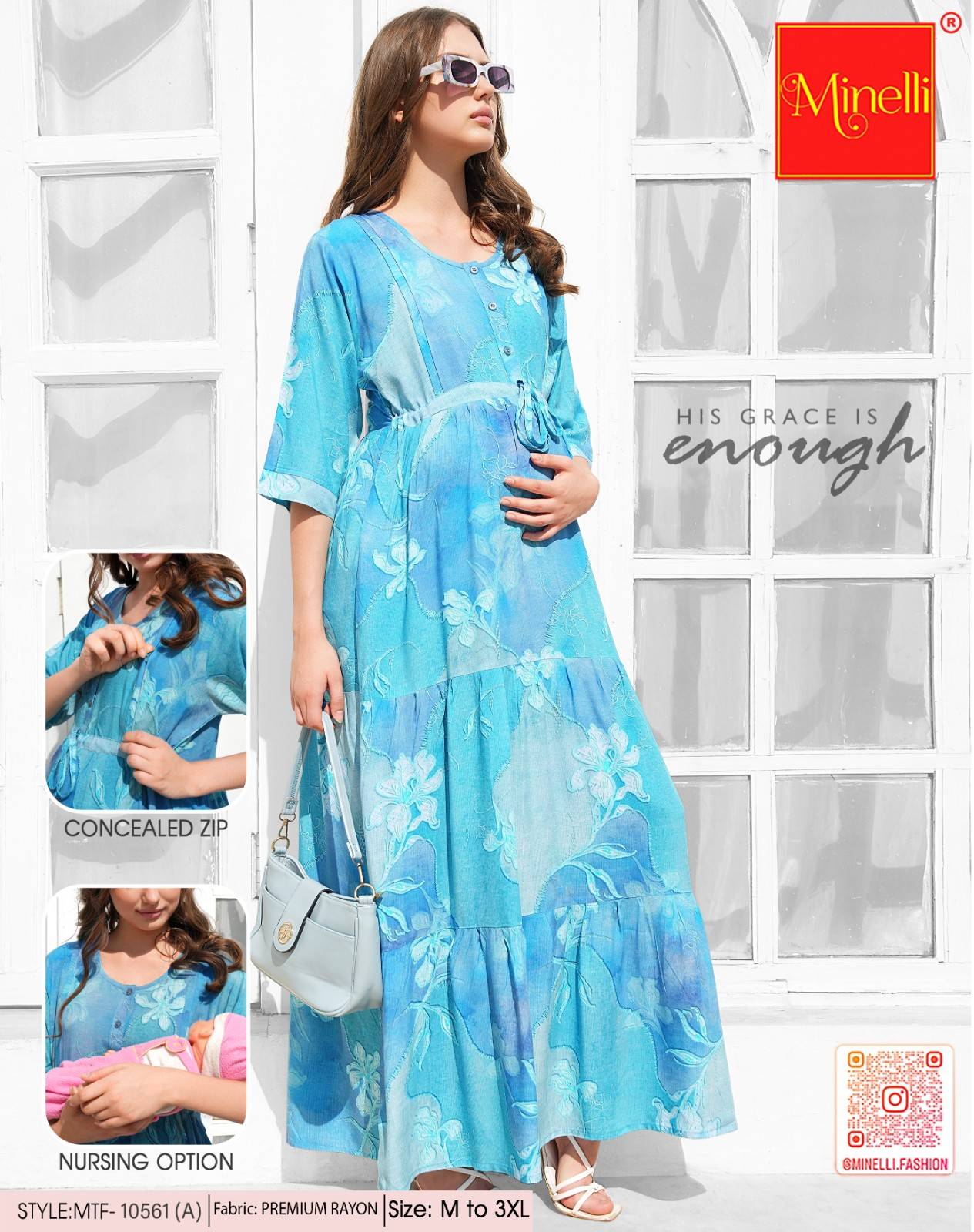 Sky Blue-Colored Maternity Long Gown