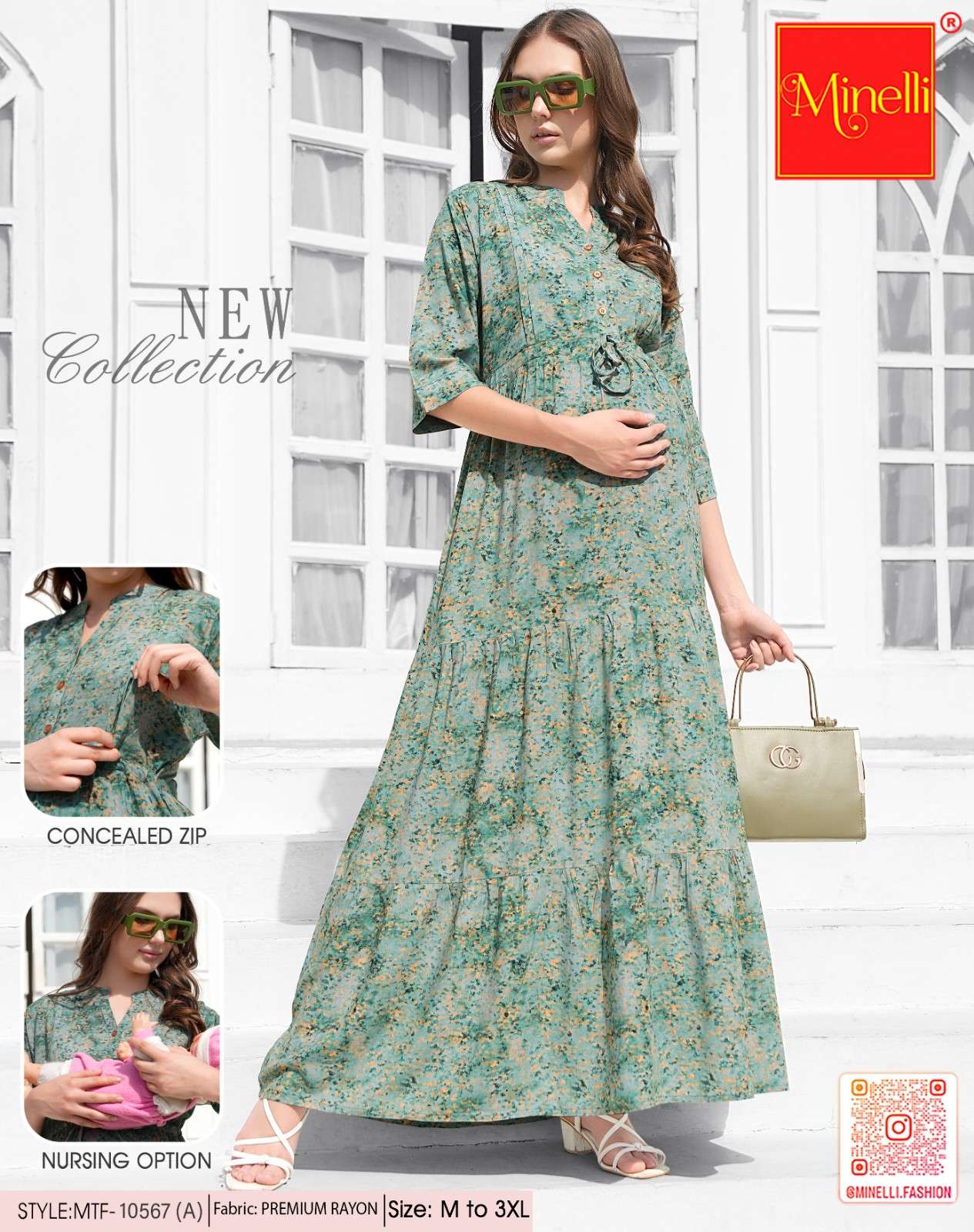 Green-Colored Maternity Long Gown