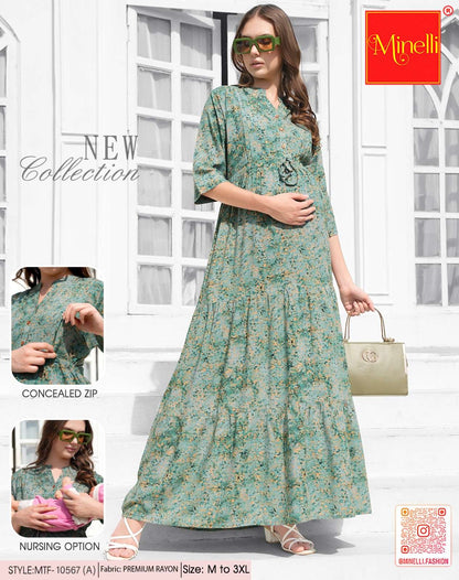Green-Colored Maternity Long Gown