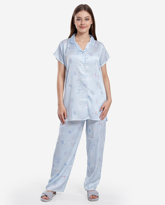 Cadet Blue-Colored Front Open Nightsuit
