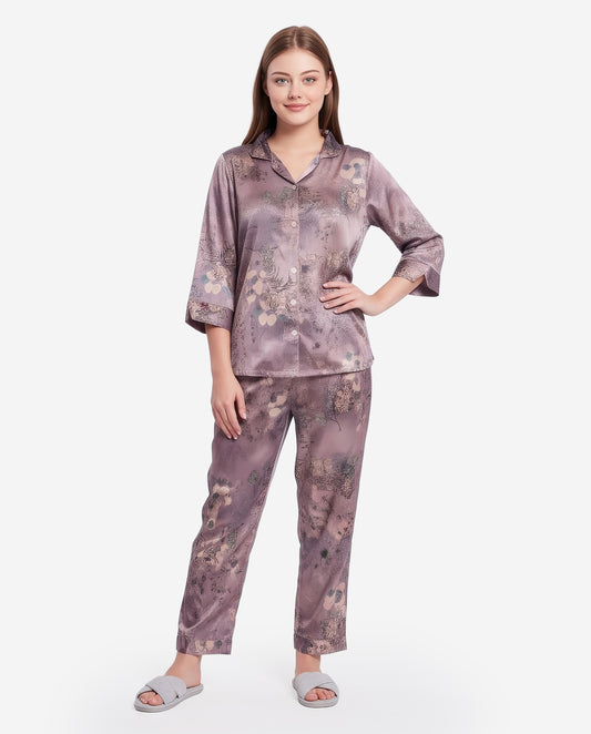 Purplish Grey-Colored Front Open Nightsuit