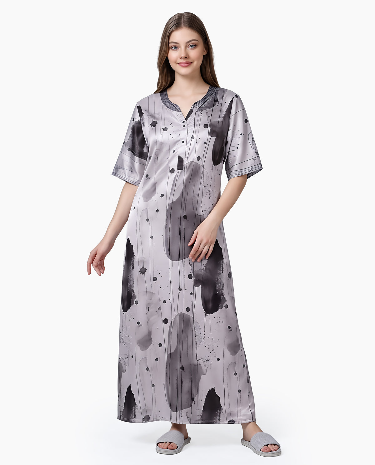 Womens Satin A-Line Nightdress - Grey Cloud