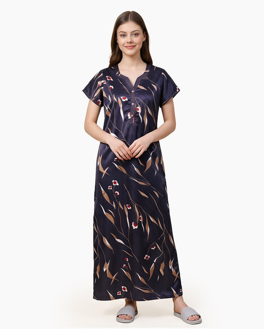 Womens Satin A-Line Nightdress - Navy Blue