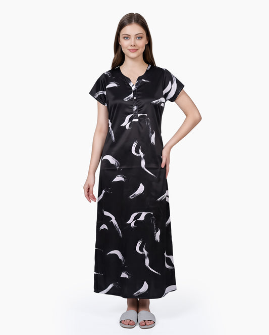 Womens Satin A-Line Nightdress - Black
