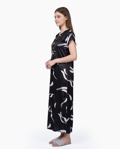 Womens Satin A-Line Nightdress - Black