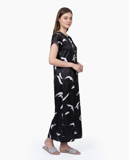 Womens Satin A-Line Nightdress - Black