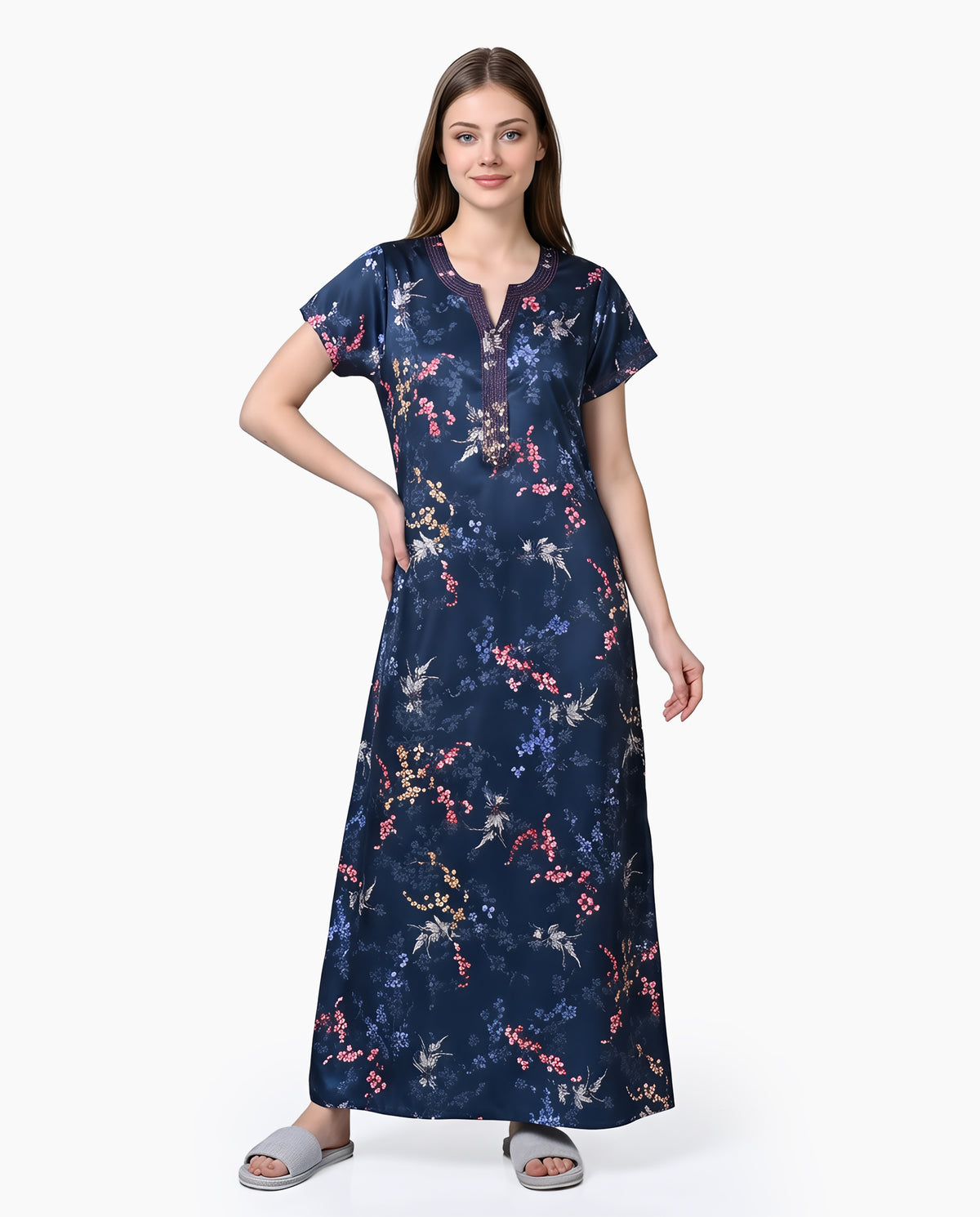 Womens Satin A-Line Nightdress - Metalic Blue