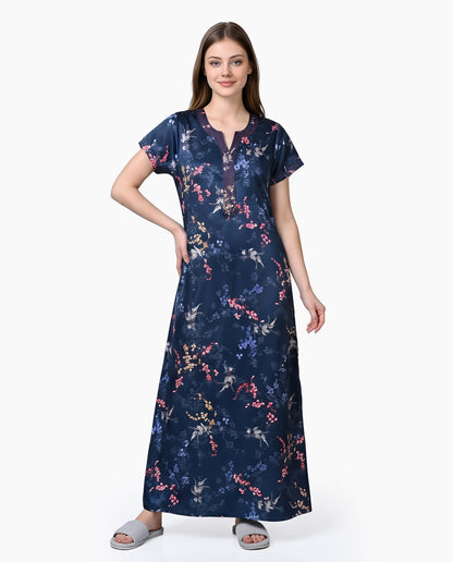 Womens Satin A-Line Nightdress - Metalic Blue