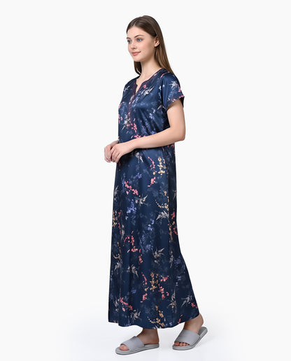 Womens Satin A-Line Nightdress - Metalic Blue