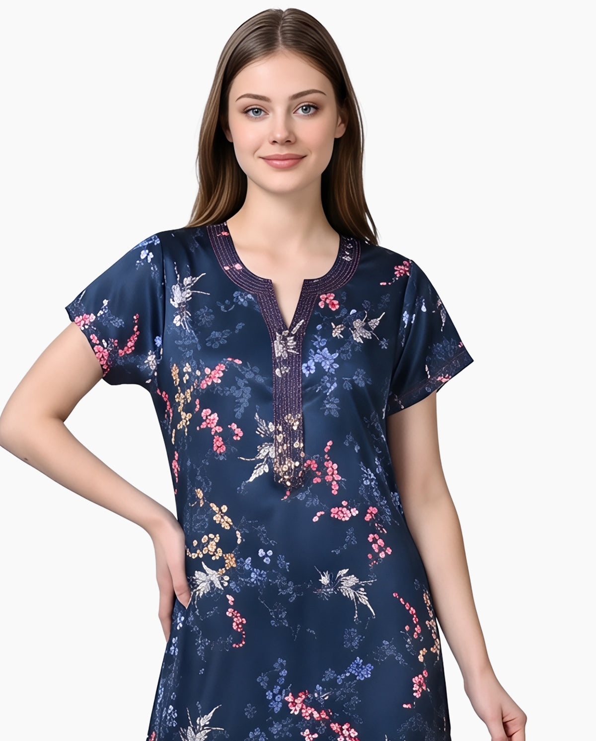 Womens Satin A-Line Nightdress - Metalic Blue