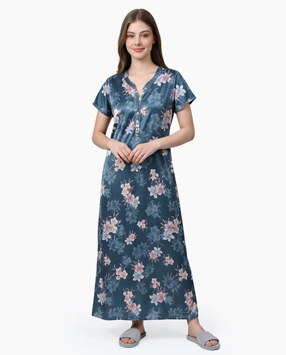 Womens Satin A-Line Nightdress - Blue Dianne