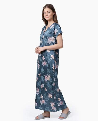 Womens Satin A-Line Nightdress - Blue Dianne