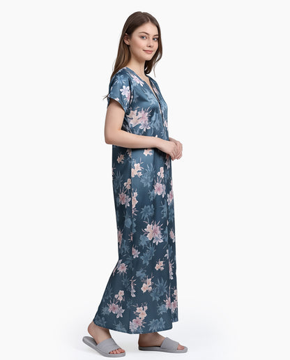 Womens Satin A-Line Nightdress - Blue Dianne