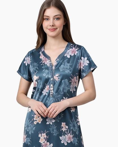 Womens Satin A-Line Nightdress - Blue Dianne