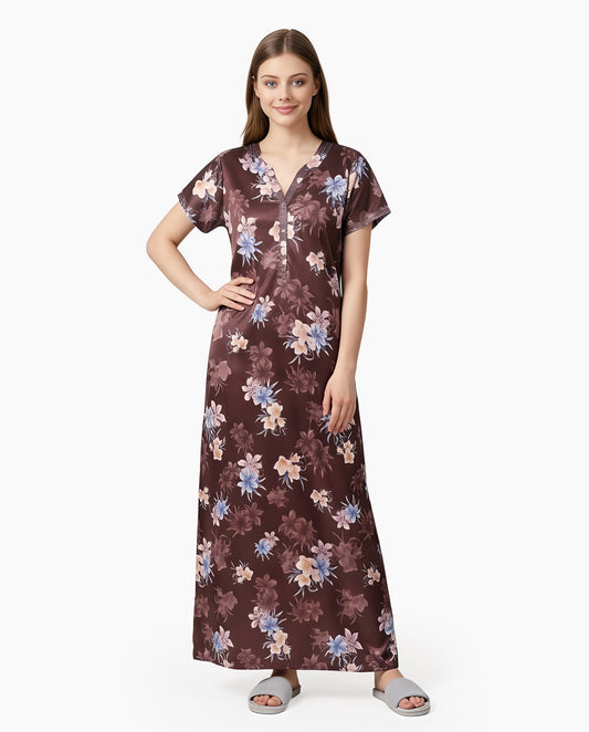 Womens Satin A-Line Nightdress - Coffee Brown