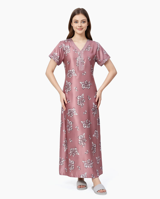 Womens Satin A-Line Nightdress - Rose Ebony