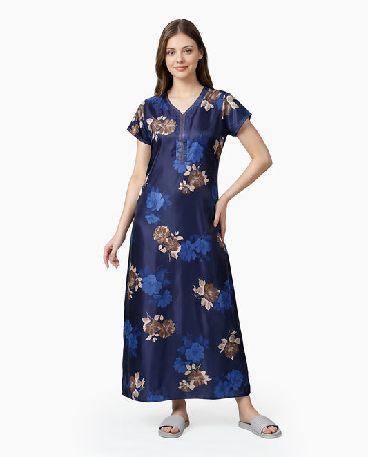 Womens Satin A-Line Nightdress - Navy Blue