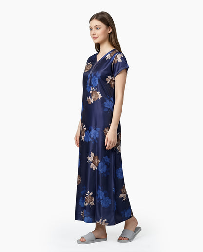 Womens Satin A-Line Nightdress - Navy Blue