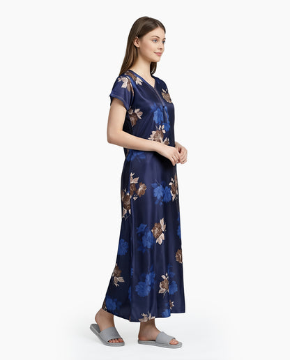 Womens Satin A-Line Nightdress - Navy Blue