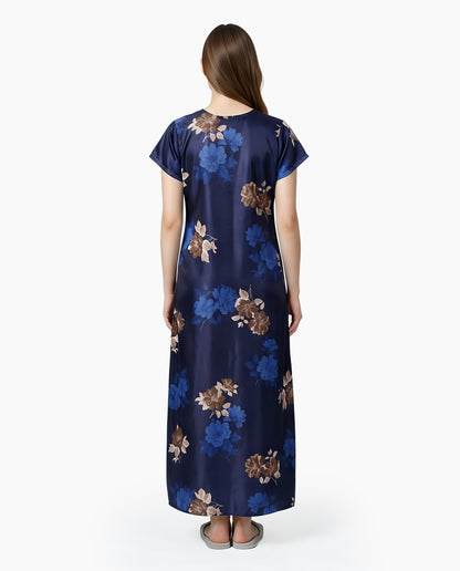 Womens Satin A-Line Nightdress - Navy Blue