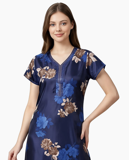 Womens Satin A-Line Nightdress - Navy Blue