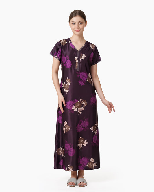 Womens Satin A-Line Nightdress - Dark Magenta