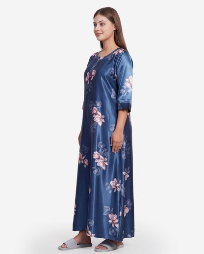 Womens Satin A-Line Nightdress - D.Blue