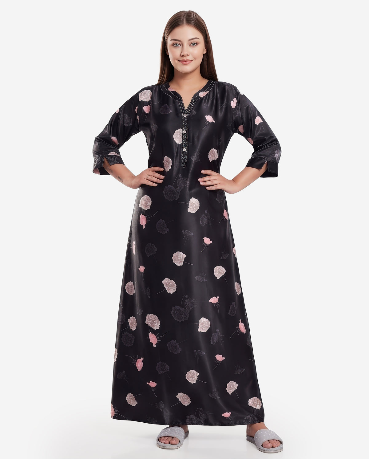 Womens Satin A-Line Nightdress - Black