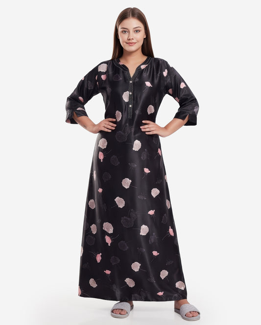 Womens Satin A-Line Nightdress - Black