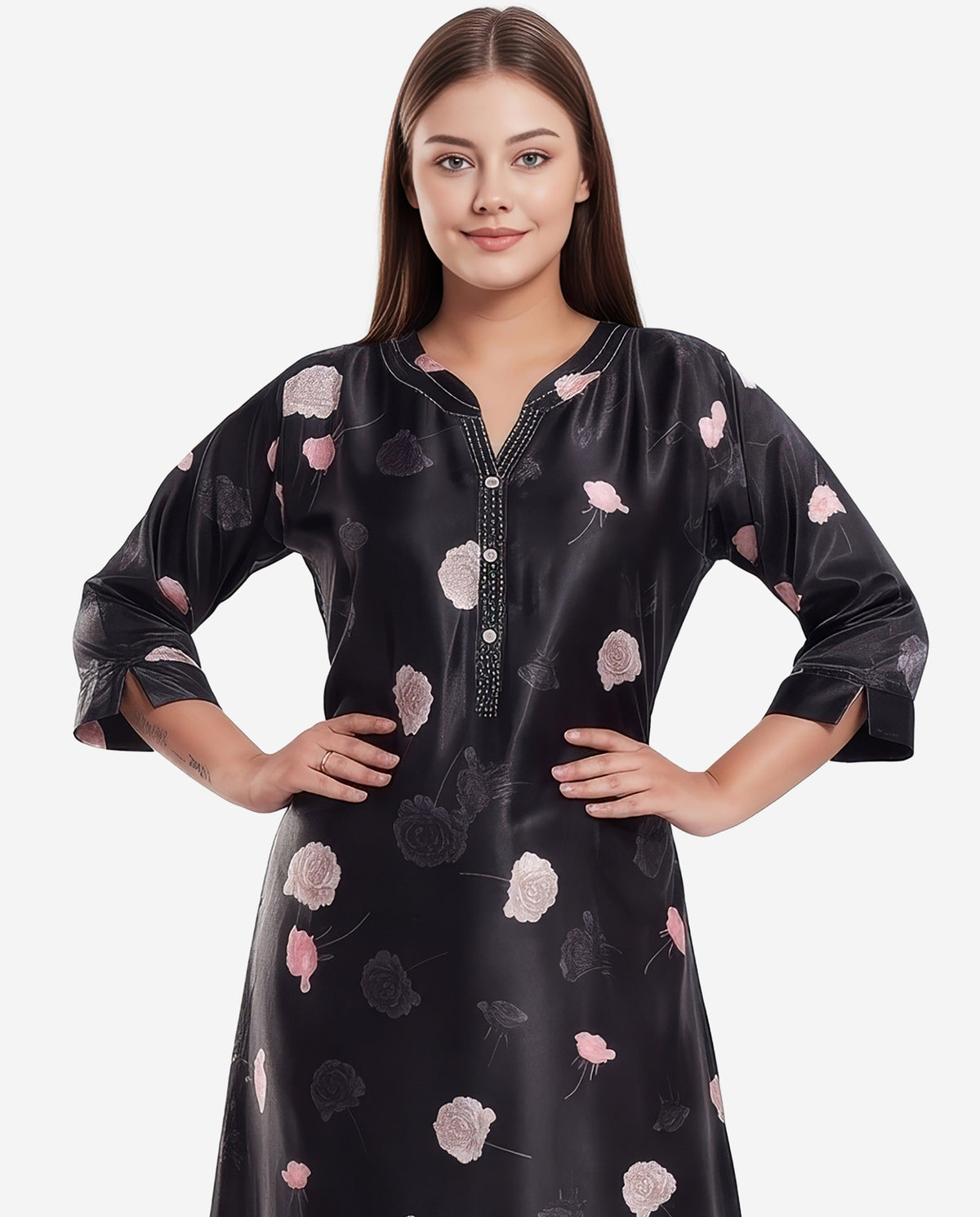 Womens Satin A-Line Nightdress - Black