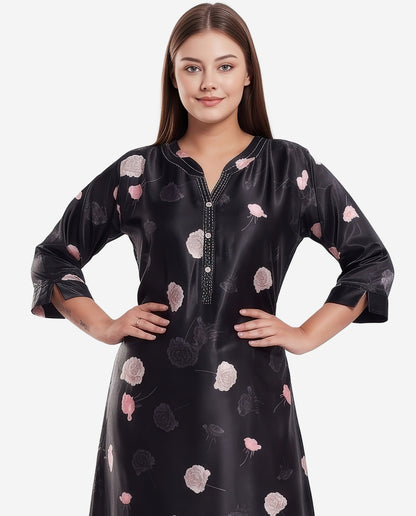 Womens Satin A-Line Nightdress - Black