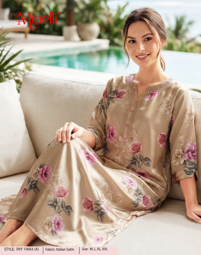 Womens Satin A-Line Nightdress - Beige