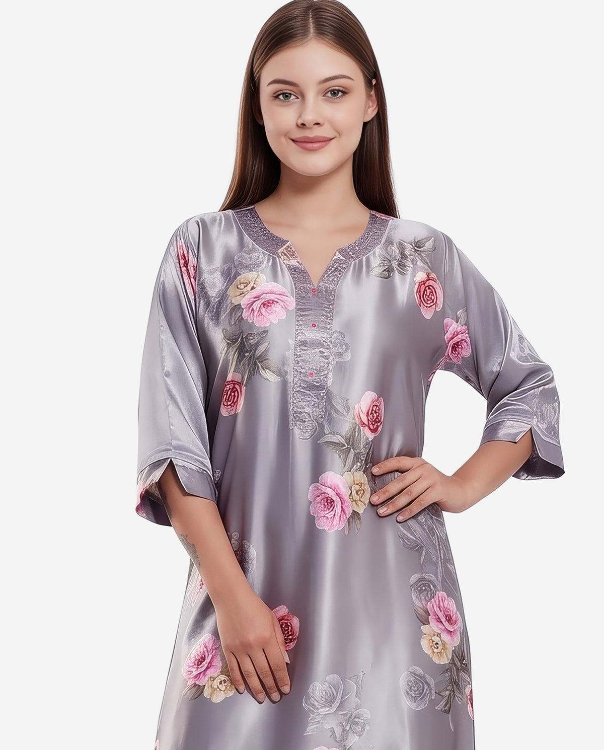 Womens Satin A-Line Nightdress - Grey