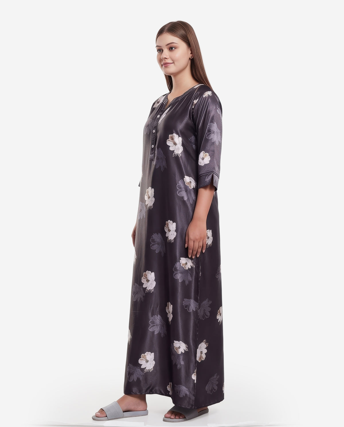 Womens Satin A-Line Nightdress - Charcoal
