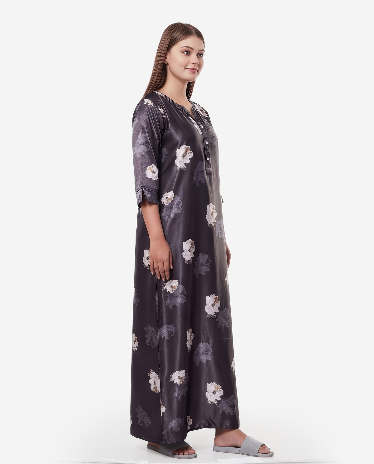 Womens Satin A-Line Nightdress - Charcoal