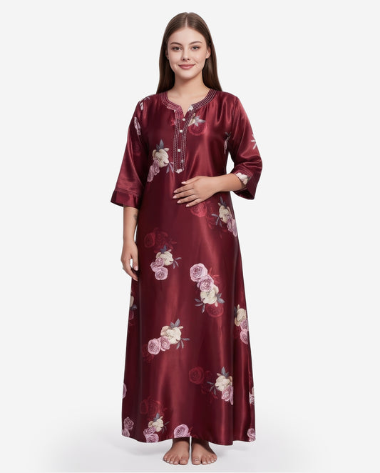 Womens Satin A-Line Nightdress - Maroon
