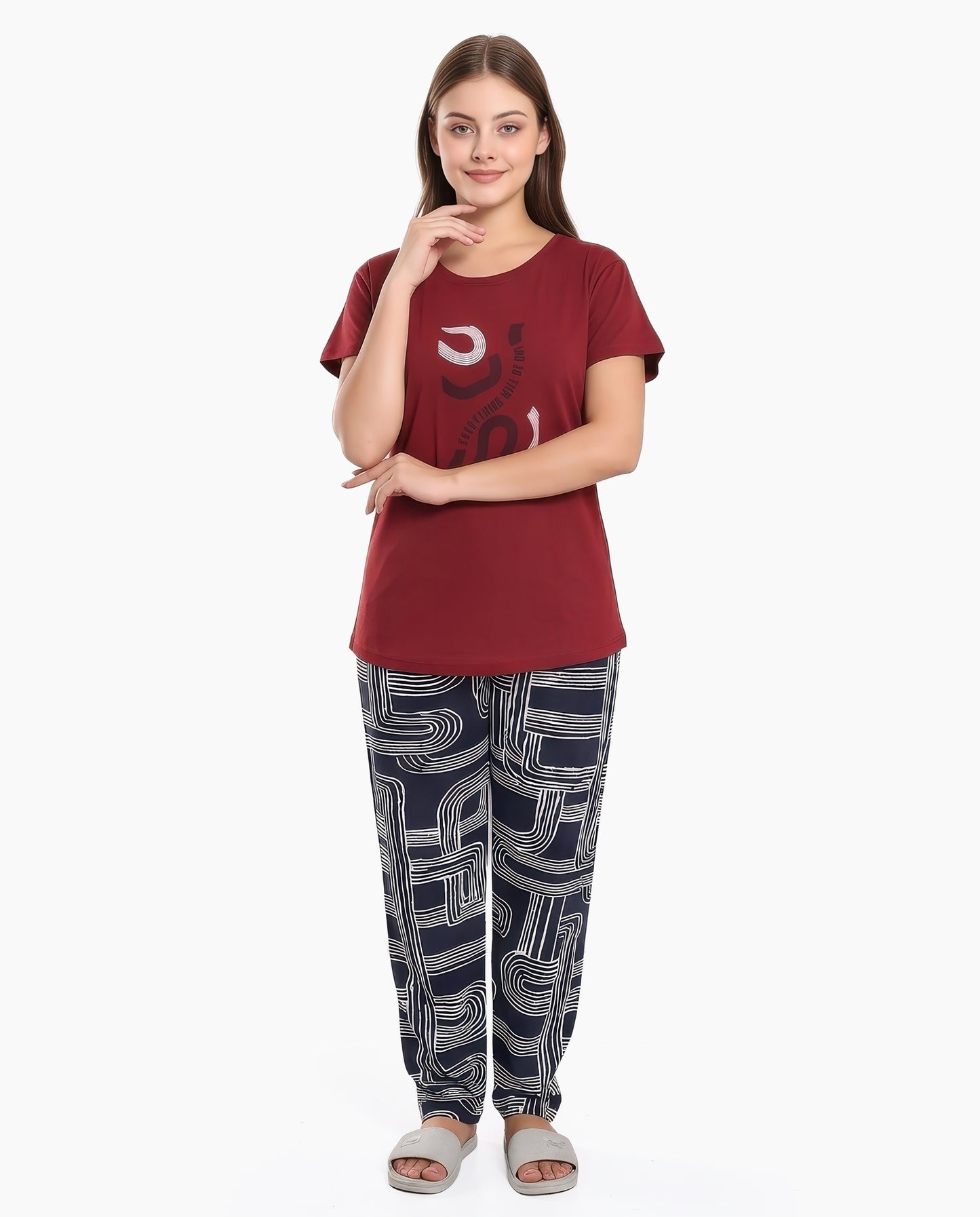 Rust & Navy Colored Printed Nightsuit