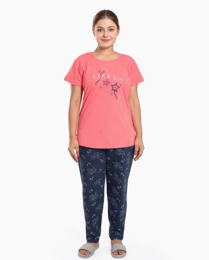 Peach & Indigo Colored Printed Nightsuit