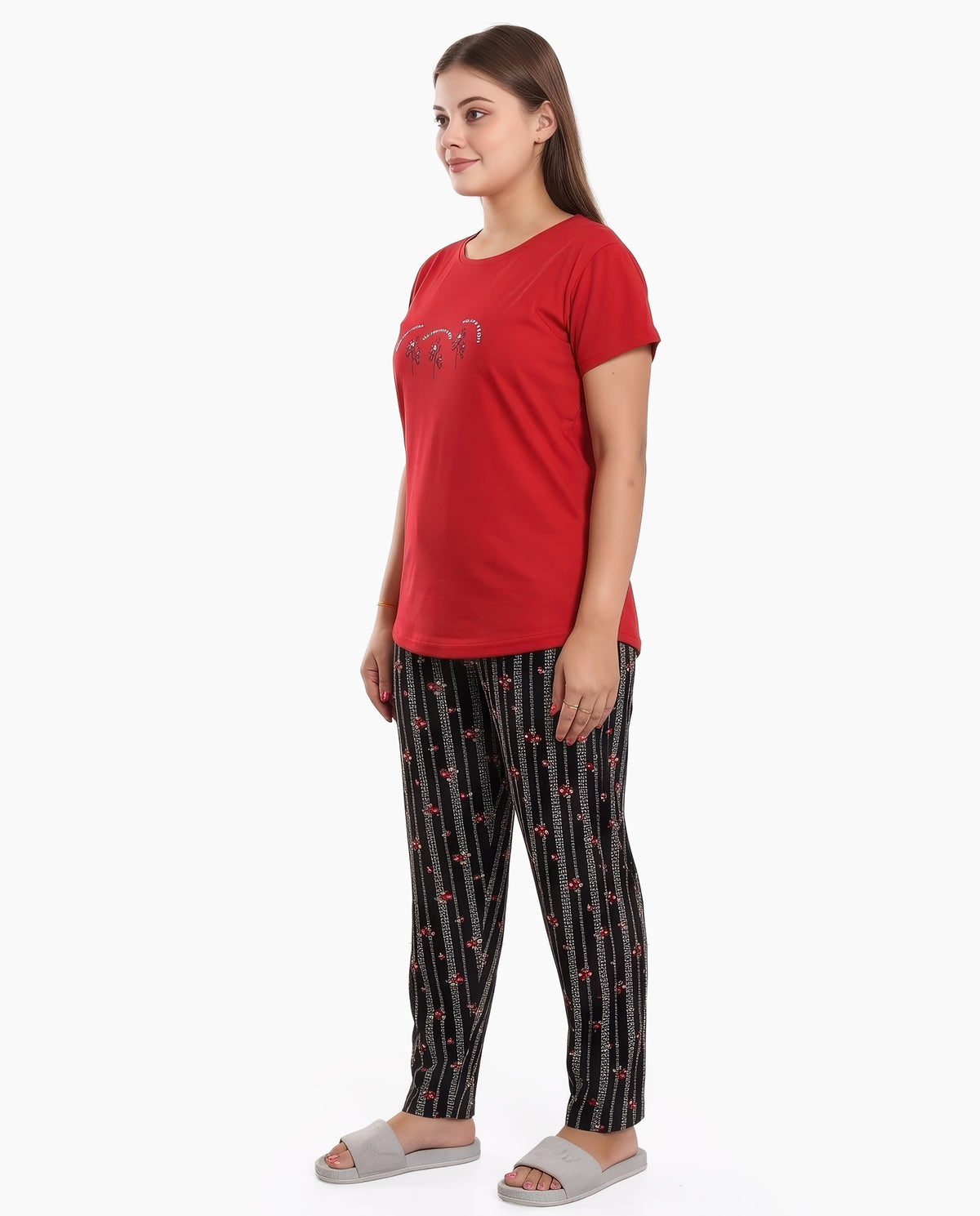 Red & Black Colored Printed Nightsuit