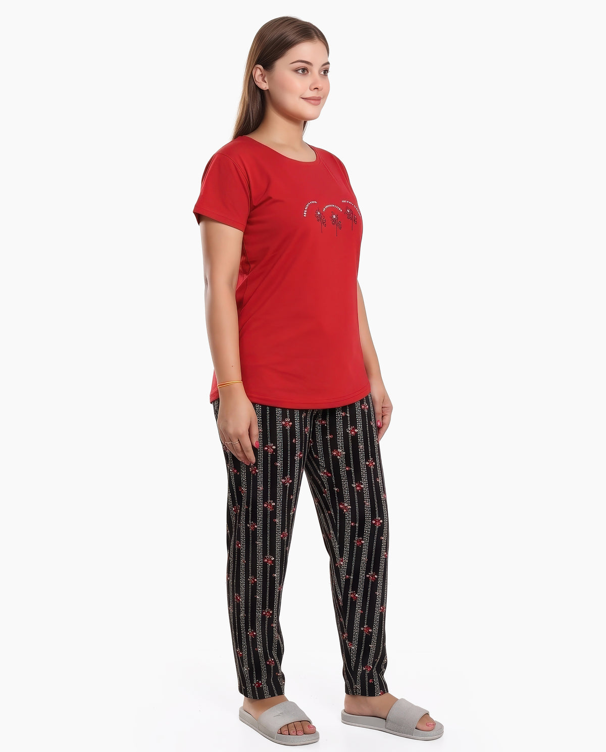 Red & Black Colored Printed Nightsuit