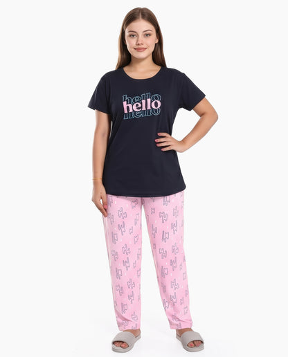 Navy & Pink Colored Printed Nightsuit