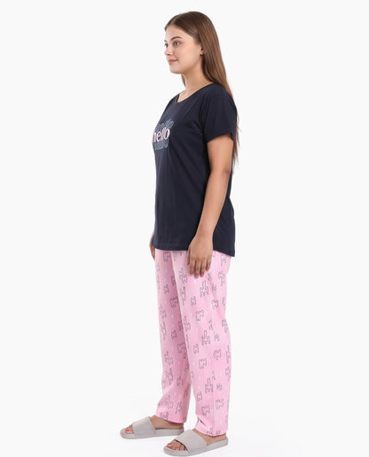Navy & Pink Colored Printed Nightsuit