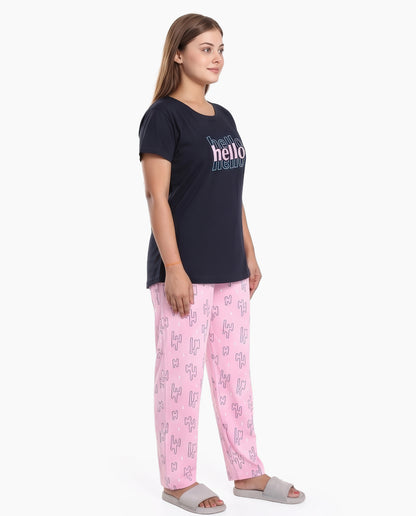 Navy & Pink Colored Printed Nightsuit