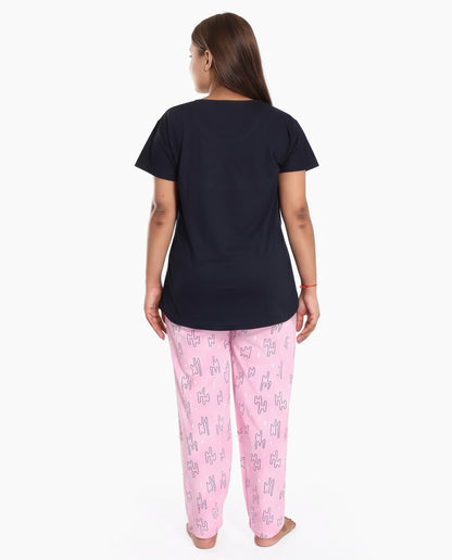Navy & Pink Colored Printed Nightsuit